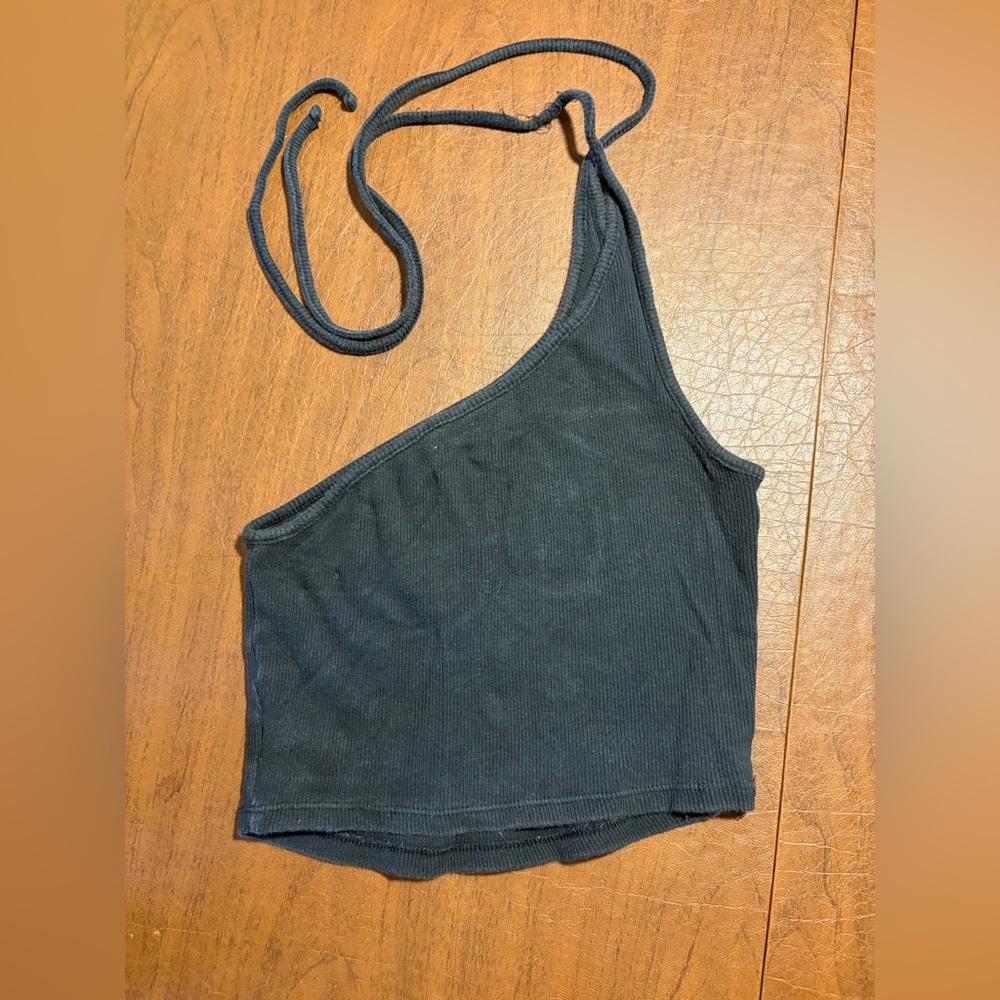 Black ribbed cotton string halter crop top sz XS